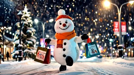 Snowman Shopping at Night - A cheerful snowman with shopping bags on a snowy city street at night, surrounded by holiday decorations and glowing lights. - Powered by Adobe