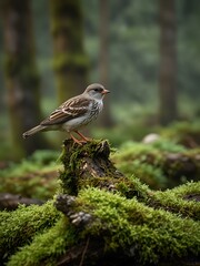 Bird perched on a moss-covered log, second bird flying nearby.