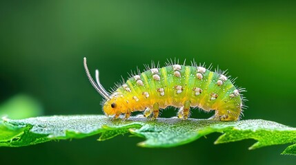 A vibrant green caterpillar with distinctive yellow spots crawls delicately on a leaf, showcasing nature's intricate beauty in close-up detail.