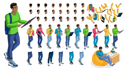 Isometric cartoon people, 3D Set for creating Black Man Student person. Full length gestures isolated, N6. Create your own design for vector