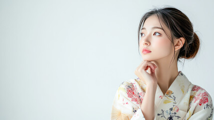 Young asian female in floral kimono looking thoughtful against a white background