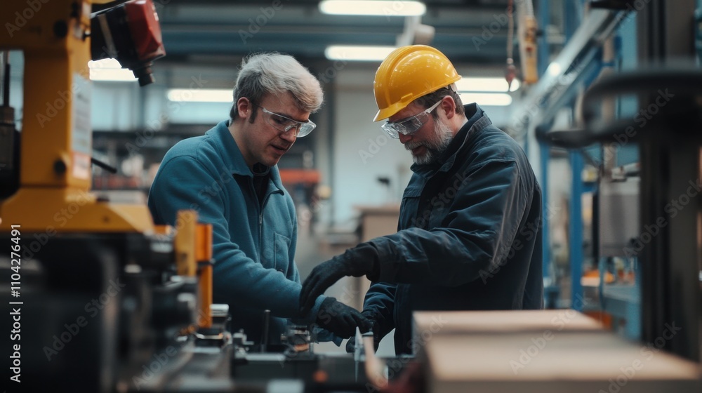 Aufkleber a manager guiding a new employee through operating a machine in a workshop