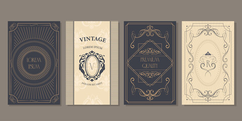Vintage cards. Set of digital pictures, frames and labels, vintage style. Suitable for decoration of cosmetics, pharmacy products. Vector illustration. Aged paper effect. EPS 10	