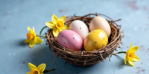 Easter eggs in nest with daffodils on blue background
