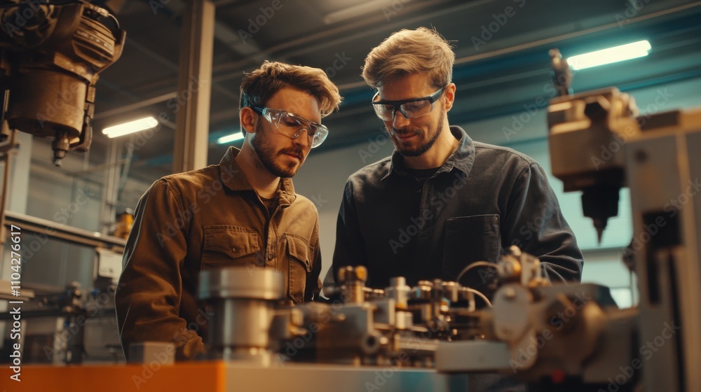 Aufkleber a manager guiding a new employee through operating a machine in a workshop
