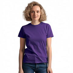 Fototapeta premium A young Caucasian woman with curly hair wears a plain purple t-shirt, posing confidently against a white background.