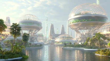 Futuristic Ancient-Egypt Style Nile Delta with Advanced Agriculture and Glowing Biodomes - Ultra-Detailed Photorealistic Rendering