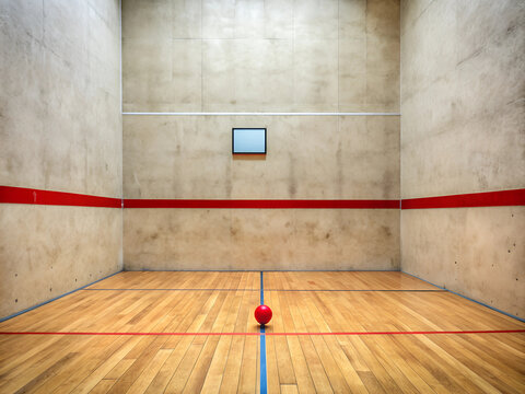In a spacious racquetball court, a bright red ball sits at the center, inviting players for a match. The smooth wooden floor and concrete walls create a unique, energetic ambiance