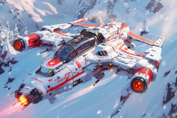 Obraz premium Futuristic spaceship flying over snowy mountains in a serene landscape at twilight