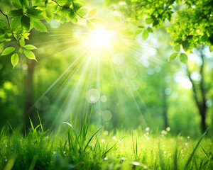 Obraz premium Golden rays of sunlight pour through the canopy, illuminating the fresh greenery below. A peaceful ambiance envelops the forest clearing, inviting serenity and reflection