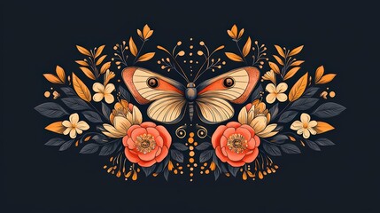 A vibrant illustration of a butterfly surrounded by colorful flowers, showcasing intricate details and elegant design elements in a dark background.