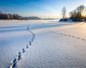 Footprints traverse a tranquil, snow-covered landscape as the sun rises over a frozen lake, highlighting the pristine beauty of winter. The air is crisp and clear