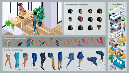 Isometric Black WoMan characters constructor for design. Use Separate Body Parts to Create An Animated Character. Set of Emotions, Hairstyles, Hands and Feet. Set 5