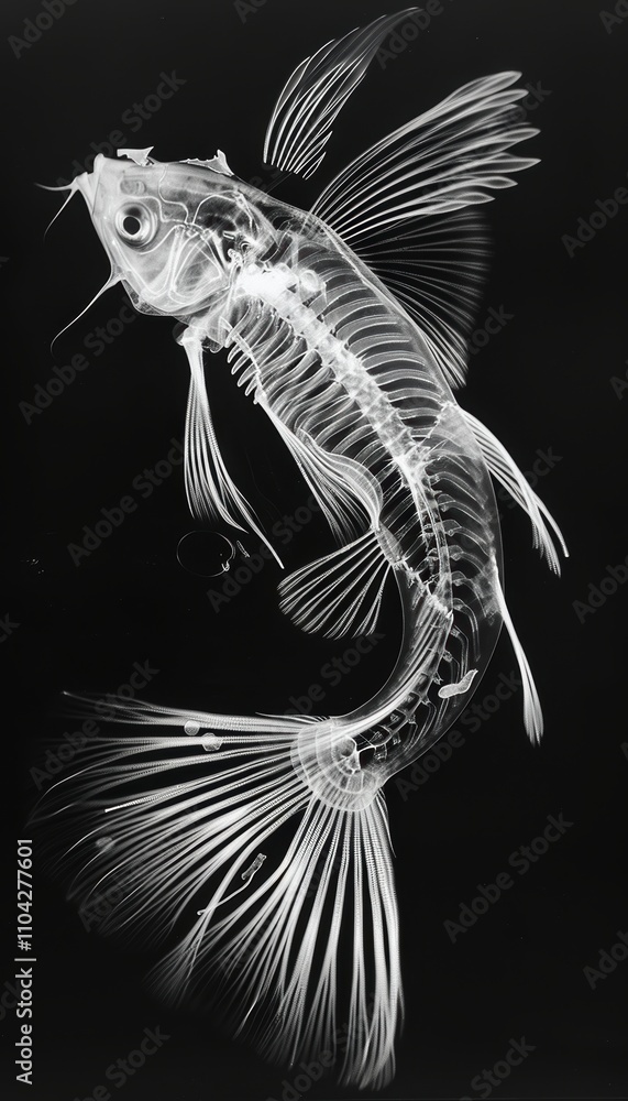 Poster detailed x-ray scan of fish revealing intricate skeletal structure and internal organs