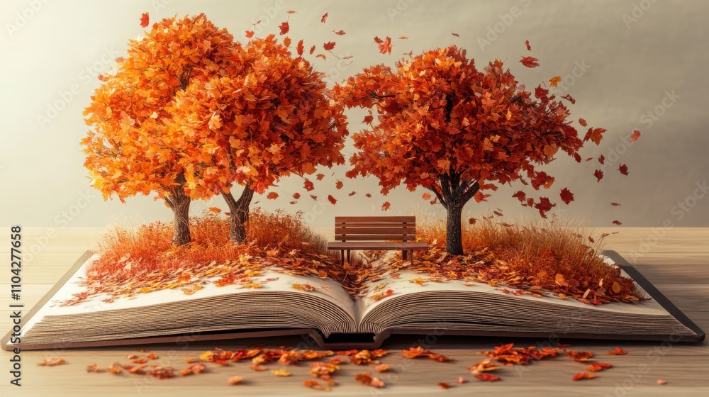 Poster an open book with 3d autumn trees in shades of orange and red