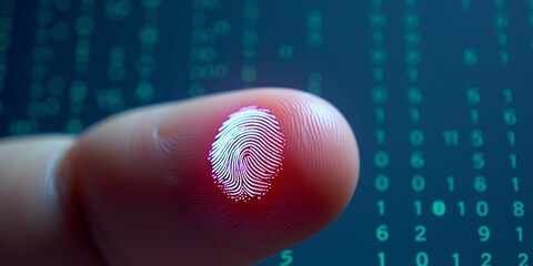 Fingerprint scan on fingertip with digital background