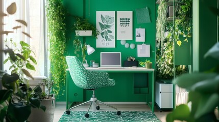 Bright and Lush Green Home Office with Modern Decor and Plants