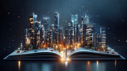 Fototapeta premium an open book with 3D skyscrapers rising from the pages, cars and tiny streetlights along the roads