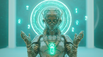 Techno-Mystic Reverie: Cybernetic Priestess Conjuring with Glowing Ankh and Holographic Symbols in Futuristic Ancient-Egypt Style - Ultra-Detailed Photorealistic Image