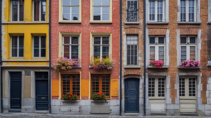 Fototapeta premium Colorful Historic Townhouses with Flower Boxes in Urban Environment