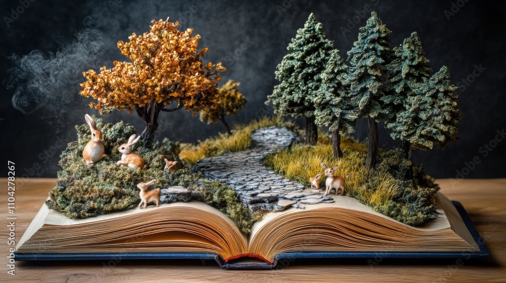 Poster an open book with 3d trees and a small forest path winding through the pages