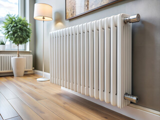 A modern living room showcases a sleek white radiator beneath a window, complemented by a chic lamp and a lush potted plant. Warm wooden flooring enhances the inviting atmosphere