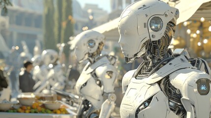 Fototapeta premium Future Market Exchange: Ancient-Egypt Style Trading Hub for Humanoid Robots in a Technologically Advanced Civilization. Ultra-Detailed Digital Artwork.