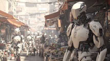 Futuristic Ancient-Egypt Market: Humanoid Robots Trading Artifacts for Tech in Ultra-Detailed Scene