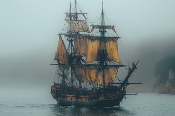 Obraz premium Historic sailing ship navigates through misty waters with tattered sails during early morning