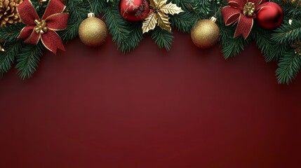 Obraz premium A festive scene brimming with vibrant Christmas decorations, featuring sparkling red bows and natural pine cones against a cheerful red backdrop.