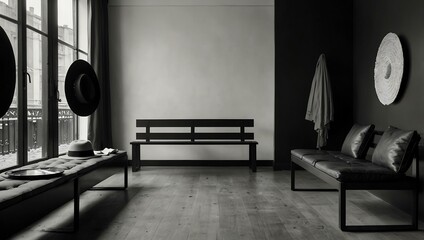 Black and white interior with hats and a bench.