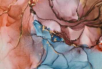 Naklejka premium Soft waves of translucent color meet shimmering gold accents in abstract art, fluid shapes create a dynamic landscape. The liquid ink technique create depth and movement, both spontaneous and refined