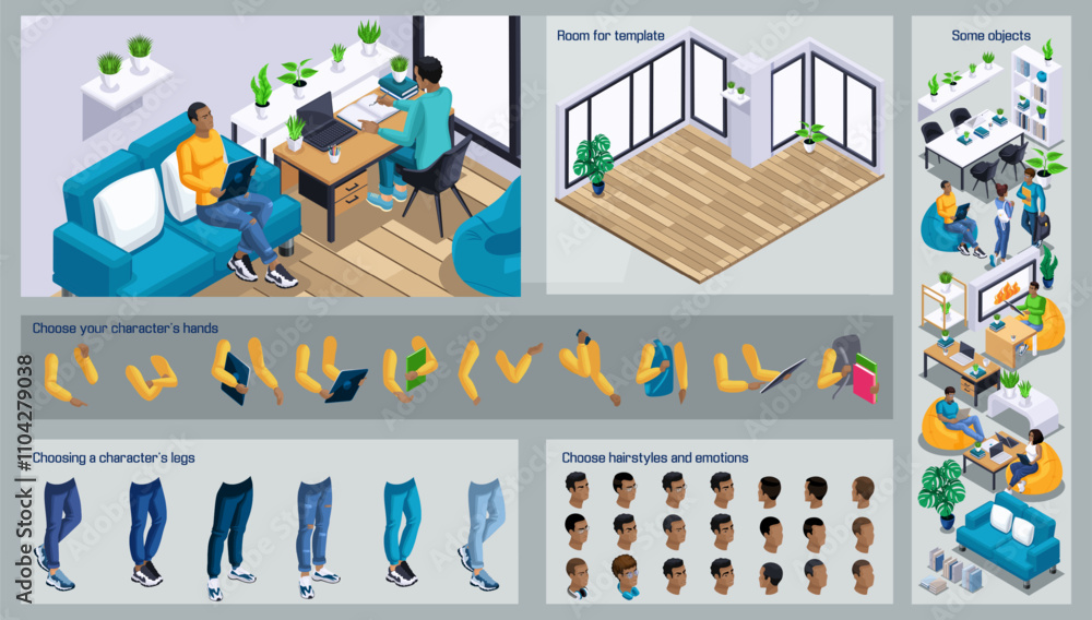 Aufkleber isometric black man characters constructor for design. use separate body parts to create an animated