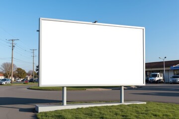Obraz premium Blank Billboard in a Suburban Setting Under Clear Blue Sky, Presenting an Ideal Canvas for Advertisement and Marketing Purposes with Open Space for Creativity