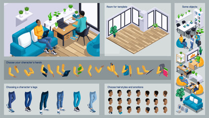 Isometric Black Man characters constructor for design. Use Separate Body Parts to Create An Animated Character. Set of Emotions, Hairstyles, Hands and Feet. Set