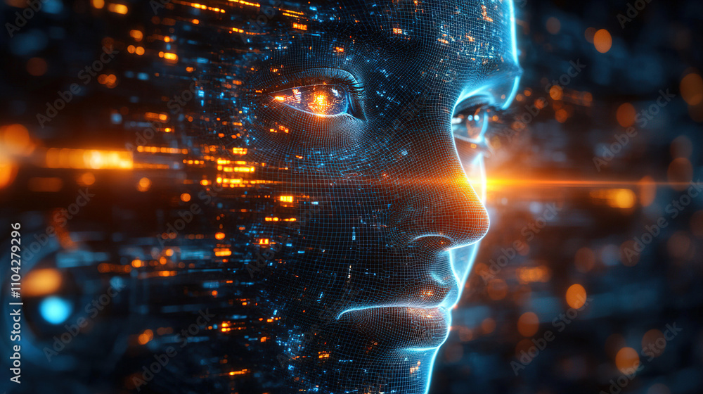 Aufkleber digital representation of a human-like face with glowing elements in a dark background showcasing te
