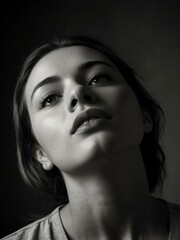 Black and white portrait of a woman looking up.