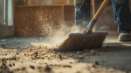 Sweeping Up Dust and Debris After Renovation with Sunlight Highlight