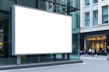 Obraz premium Blank Billboard Displayed on Modern Building in Urban Setting with Pedestrians Walking by in Bright Daylight