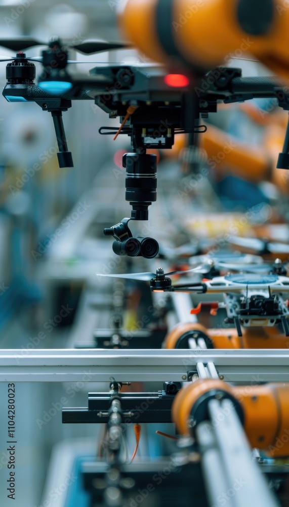 Poster robotic arm precision in drone assembly on an advanced conveyor belt production line