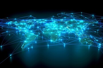 Digital representation of a connected world with glowing network lines across continents and oceans