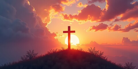 Fototapeta premium Silhouette of cross at sunset against dramatic sky