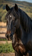 Fototapeta premium Black Berber stallion in paddock.