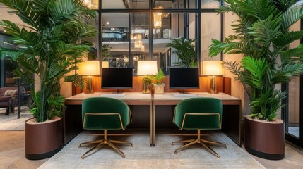 Modern workspace interior with plants and stylish furniture design