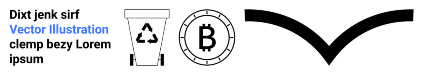 Recycling bin, Bitcoin symbol inside a coin, chevron arrow, and sample text in a minimalistic style. Ideal for environmental awareness, cryptocurrency, navigation, typography, eco-friendly design