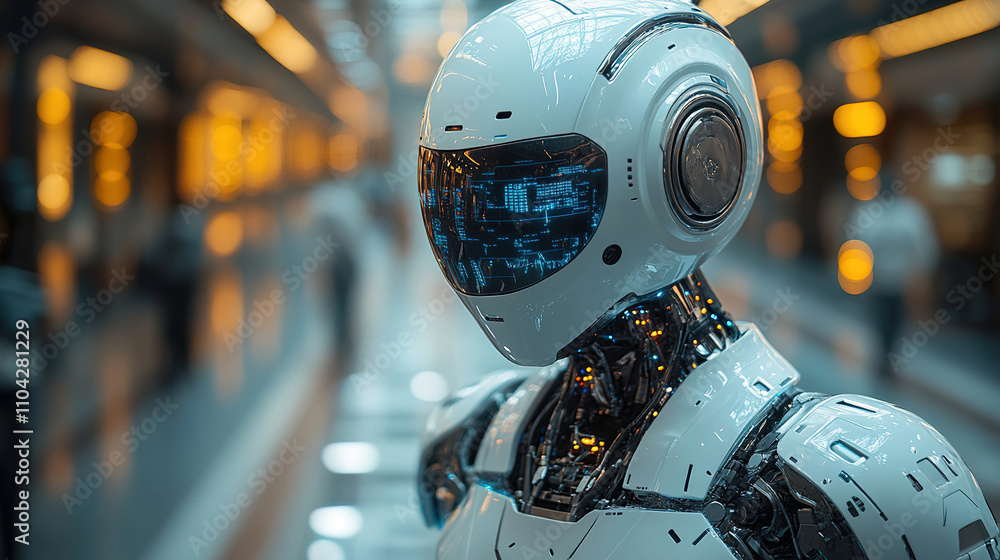 Poster android showcases advanced technology in a bustling urban environment featuring modern architecture.