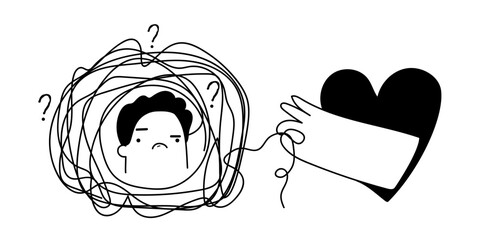 Therapist helping a person suffering from depression concept. Hand drawn flat vector illustration