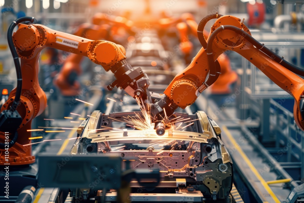 Aufkleber robotic arms assembling car dashboard in modern factory environment for industrial automation
