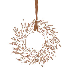 Whimsical Christmas wreath with bow in winter Italian aesthetic. Hand-drawn line doodle graphic for wall art prints, greeting cards, branding, collages.  © Alena creator