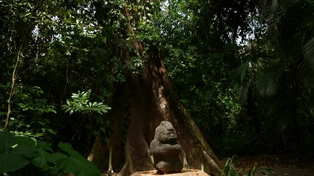 Ancient Olmec Stone Sculpture Under a Majestic Tree in Parque Museo La Venta, Tabasco, Mexico